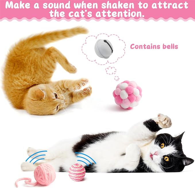 MALLMALL6 Cat Toy Set Interactive Cat Toys 27Pcs Pack Stuff Pink Feather Teaser Wand Springs Mice Sisal Fish Crinkle Balls Bell Balls, Puzzle Pack for Indoor Kitty Play Exercise - Image 2