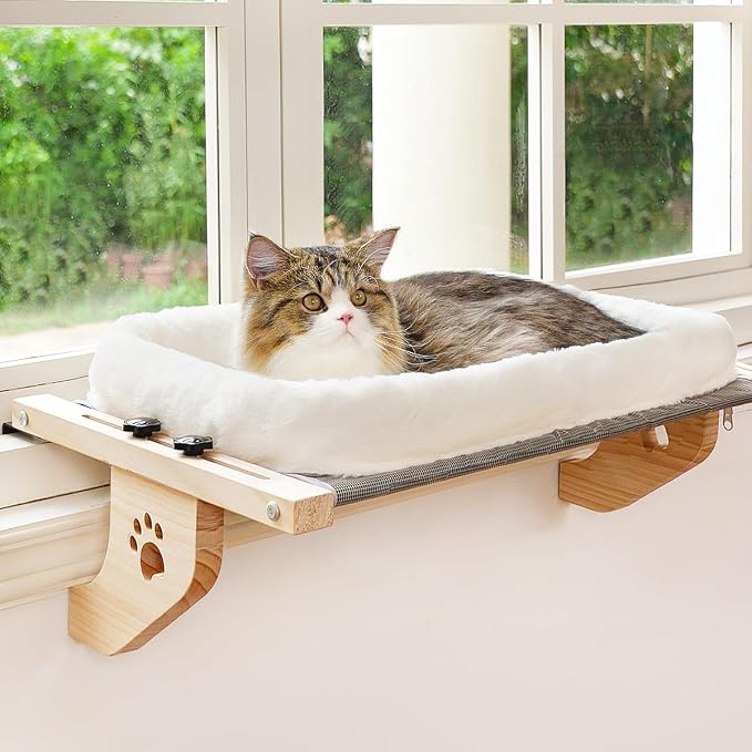 AMOSIJOY Wooden Cat Windowsill Perch with Zipper Cushion Bed, 27.5in | Sturdy Wood & Metal Frame Hold up to 40lbs, Machine Washable, Easy to Adjust, Hook-on Mounting Cat Hammock Seat for Large Cat by AMOSIJOY