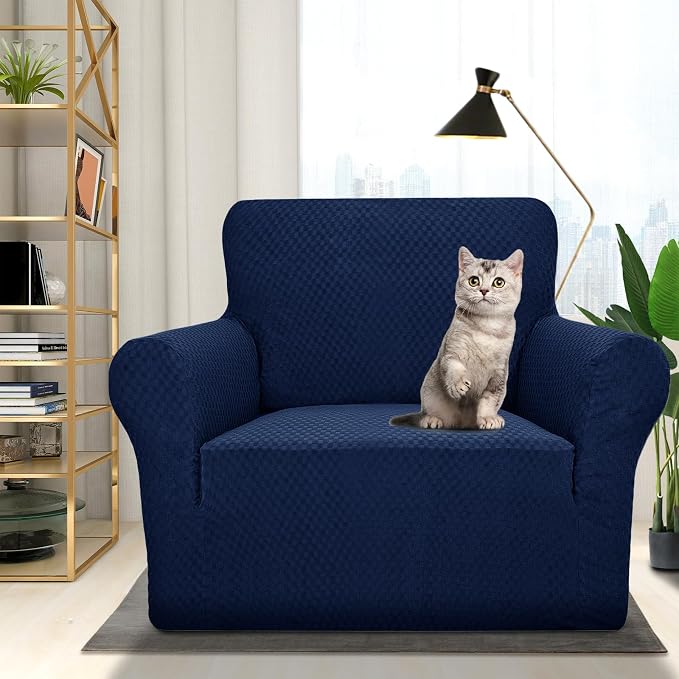 ZNSAYOTX 1 Piece Jacquard Chair Slipcovers for Living Room High Stretch Chair Covers with Arms Anti Slip Pets Friendly Couch Sofa Armchair Cover Furniture Protector (Chair, Navy Blue) - Image 2
