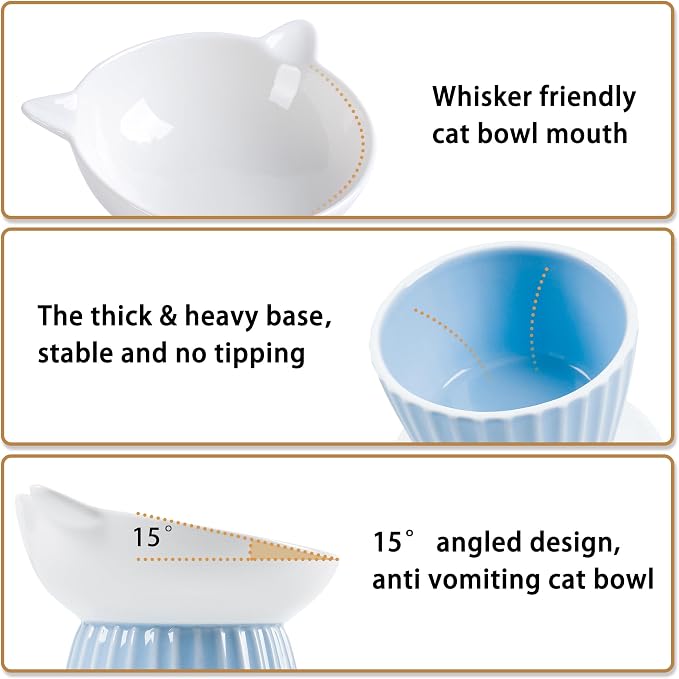 Ceramic Raised Cat Bowl，Tilted Raised Cat Bowl Anti Vomit Cat Bowls for Indoor Cats Whisker Friendly Pet Feeder for Cats Puppies, Microwave and Dishwasher Safe, Blue - Image 4