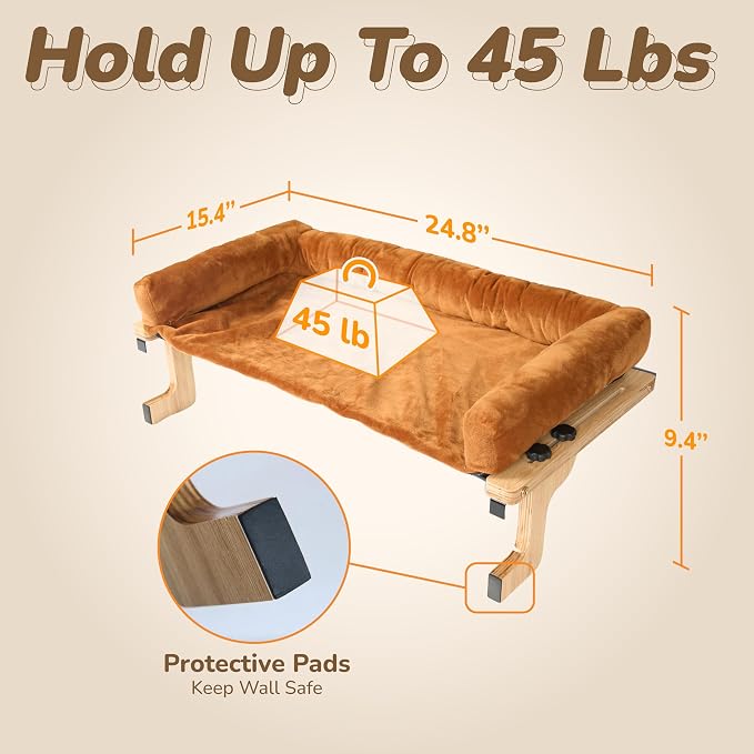 [Ready to Gift] PURRHOUSE 45LBS Cat Window Perch with Bolster, Hammock Seat with Plywood & Metal Frame, Cat Bed for Windowsill, Bedside and Cabinet (Natural Wood & Brown Cushion, 24.8''W x 9.4''H) - Image 5