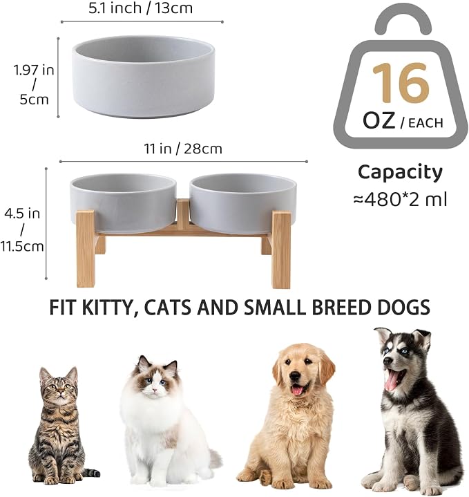 Elevated Ceramic Dog Bowl Set - Raised Dog Bowls with Non Slip Bamboo Stand, Food and Water Bowl Set for Kitty, Cats and Toy Breed Dogs, Pet Bowls, Weighted Dogs Dishes (5.1'', 2*16OZ, Grey) - Image 3