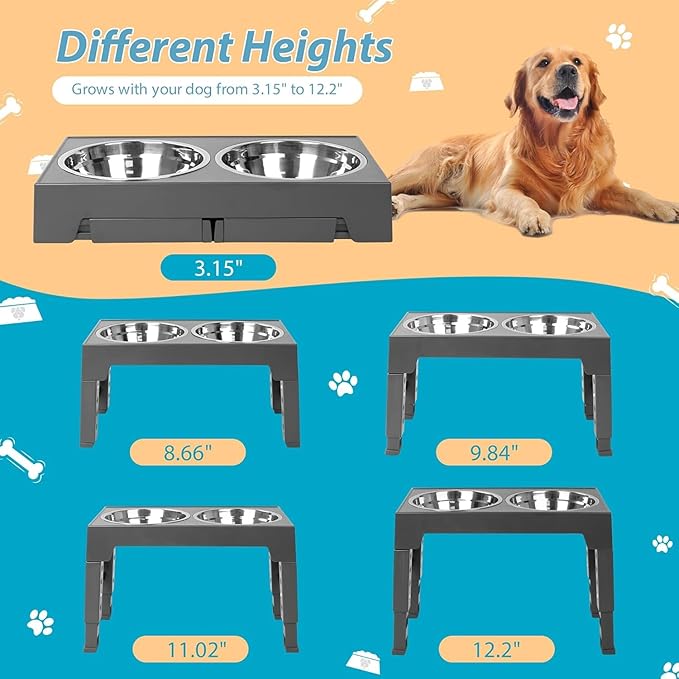 Niubya Elevated Dog Bowls with 2 Stainless Steel Dog Food Bowls, Raised Dog Bowl Adjusts to 5 Heights (3.15", 8.66", 9.84",11.02", 12.2") for Small Medium and Large Dogs - Image 2