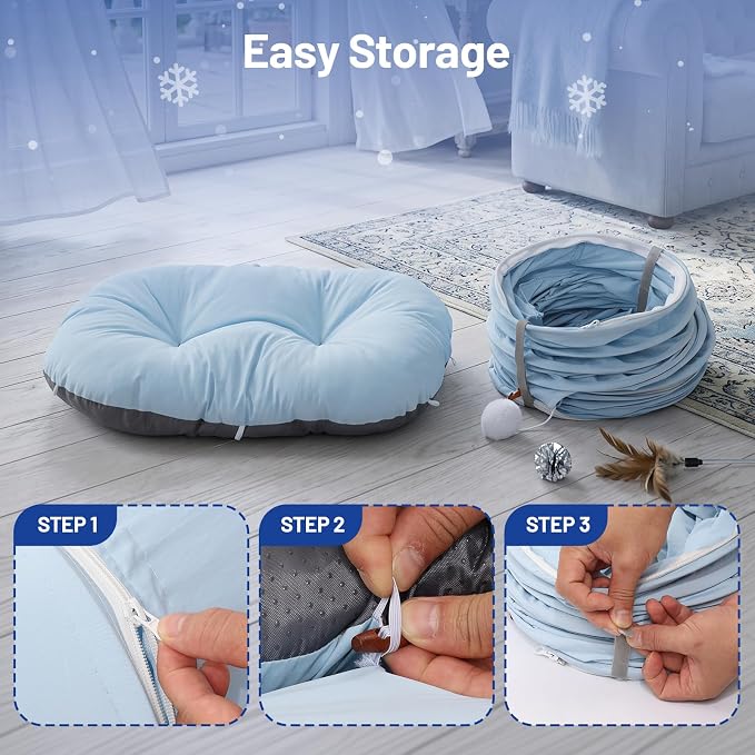 Ice Silk Cooling Cat Tunnel, 39.4in Multi-Cat Family Cat Tube, Blue | Breathable Thin Cat Play Tunnel, Lockfill Cotton Pad Included, Waterproof & Anti-Static, Ideal Summer Cat Toy - Image 8