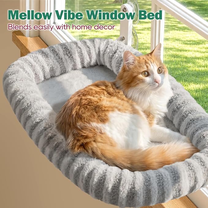 Zakkart Mellow Foldable Cat Window Perch, Upgraded Suction Cups (Gray, L) | Curtain-Friendly, Dual-Fabric Striped Machine Washable Bed, Heavy Duty ABS & Metal Frame, Hold up to 40 lbs., 24.8"W x 15.5"D - Image 2