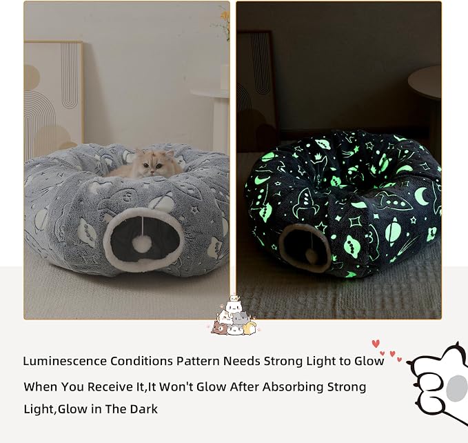 Large Cat Tunnels Bed Tube for Indoor Cats Under Christmas Tree Glows in The Dark Cat Tunnel with Cushion and Plush Ball Toy Longer Playground Toys for Dog Puppy Kitten Pet Gray - Image 4