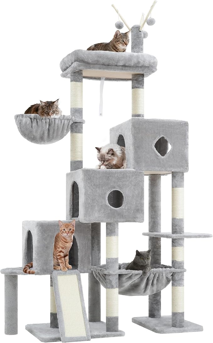 Hey-brother Cat Tree Tower with 3 Condos, Step Climbing Pathway MPJ081W | 74.8 Inches Scratching Post with 3 House, Hammock, Large Basket, Cozy Bed, Sisal Board, Toys for Big Indoor Cats, Light Gray - Image 9