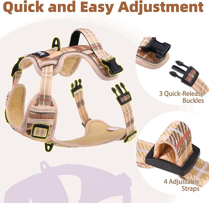 PUPTECK No Pull Dog Harness Medium Sized, Adjustable Reflective Dog Harness with Handle Easy Control, Comfortable Soft Padded Pet Vest Harness for Medium Dogs, Plaid Beige M - Image 6