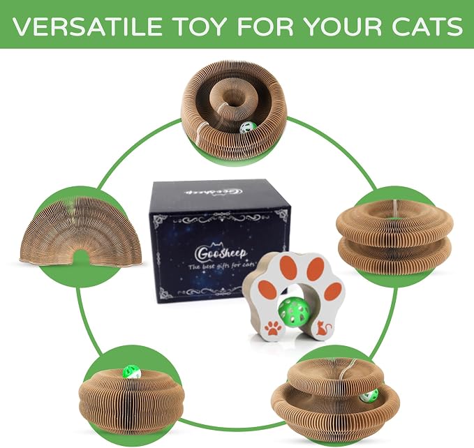 Goosheep 3 Pack Cardboard Cat Scratcher Board,Accordion Toy for Indoor Cats | Magic Organ Cat Scratching Post Sharpening Claws, Foldable Cat Toy with Bell, Exercise&Play for Indoor Small&Medium-Sized Cat - Image 7