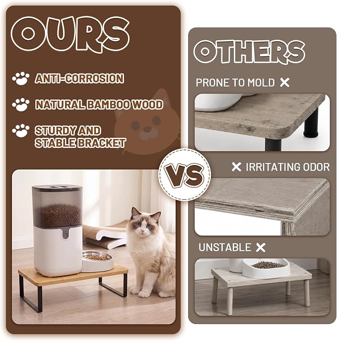 Bamboo Wood Cat Food Stand for Automatic Cat Feeder and Bowls | Non-Slip Metal Frame Elevated Cat Bowls Stand 15.7'' x 9.1'' Tabletop Fit Most Automatic Feeders, Raises Feeder/Bowl by 3.5'' - Image 5