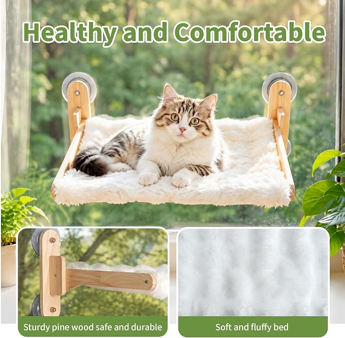 Foldable Cat Window Perch,Cat Hammock Bed with Wood Frame,Washable Soft Rabbit Fur Cover,Strong Suction Cup,Window Seat for Kitten, Indoor Cats, Birds Watching - Image 4