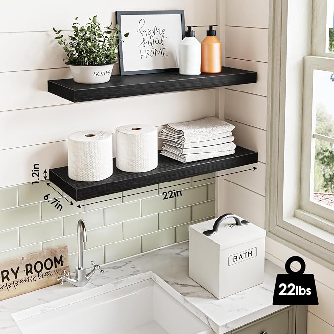 Fixwal Floating Wall Shelves for Decor (Black, Set of 2, 22Inch) | MDF Shelf with Metal Brackets, Space Saving for Books , Decor, Fits Bathroom, Kitchen, Bedroom, or Office - Image 3