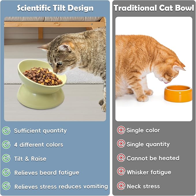 kathson 4 Pcs Ceramic Raised Cat Bowls, Elevated Tilted Cat Food Bowl, Anti Vomiting Pet Food Bowl, Colorful Porcelain Pet Feeder Dish for Cats and Small Dogs,Stress Free, Whisker Fatigue - Image 5