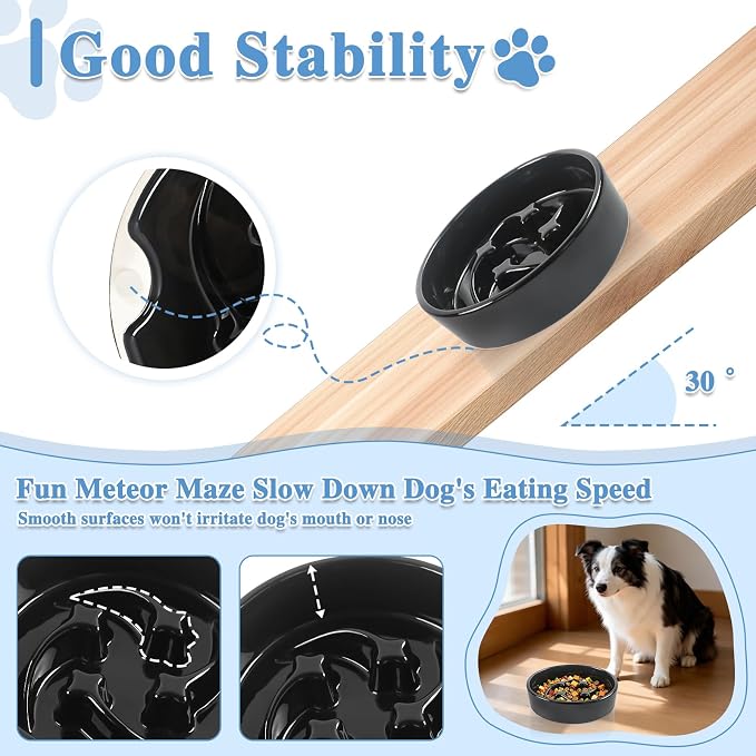 Ceramic Slow Feeder Dog Bowls, 0.6 Cups Dog Food Dish for Small Breed | Puzzle Dog Food Bowl for Fast Eater, 15OZ, 6.3 inch (Black) - Image 7