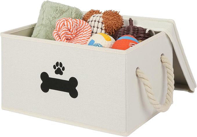 Dog Toy Basket with Lid, Dog Basket for Toys, Dogs Toy Box with Cotton Rope Handles, Collapsible Storage Bins for Pet Toys, Dogs Storage Organizer, Beige by GreenPetopia