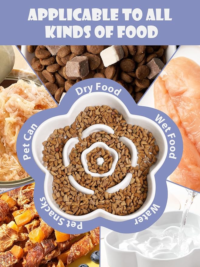 Ceramic Slow Feeder Dog/Cat Bowl 8" 11.3oz Medium Large | Anti-Choking Slow Food Bowls, Slow Feeder for Large Breeds, Plum Puzzle Design, Non-slip Silicone, Dishwasher Safe, White - Image 3