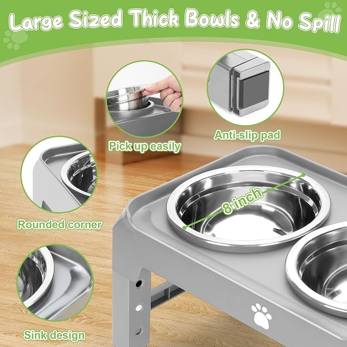 Elevated Raised Dog Bowl Stand with 2 Stainless Steel Bowls, Adjustable Height for Medium Large Dogs, 12.36" - 3.7" Foldable Feeder, Grey - Image 4