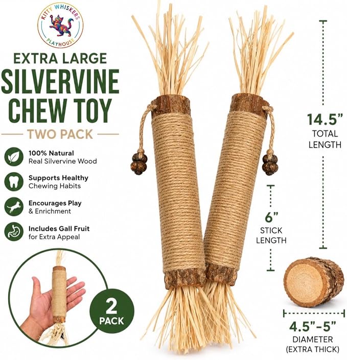 Extra Large Silvervine Sticks for Cats 2 Pack, Natural Cat Chew Toys with Sisal Rope & Feathers, Silver Vine Catnip Alternative for Indoor Cats & Kittens - Image 3
