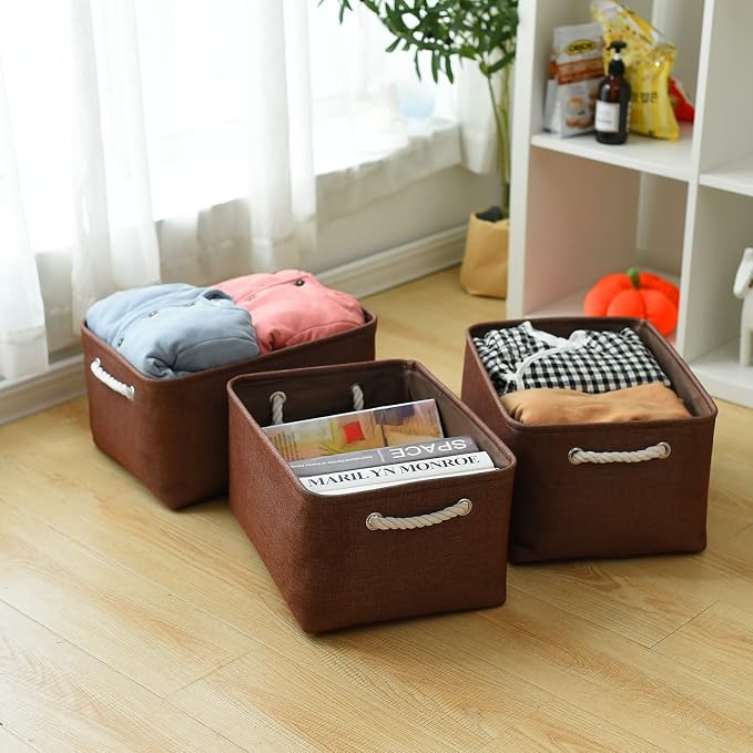 TheWarmHome Decorative Basket Rectangular Fabric Storage Bin Organizer Basket with Handles for Clothes Storage (Brown,Large-3Pack,15.7L*11.8W*8.3H) - Image 5