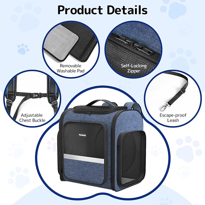 Pawtners Cat Backpack with Play Tunnel, Design for Carrying Playing Blue | Expandable, Foldable, Breathable, Large Space, Durable, Perfect for Cat Small Dog, Travel Hiking Camping Walking Car - Image 5