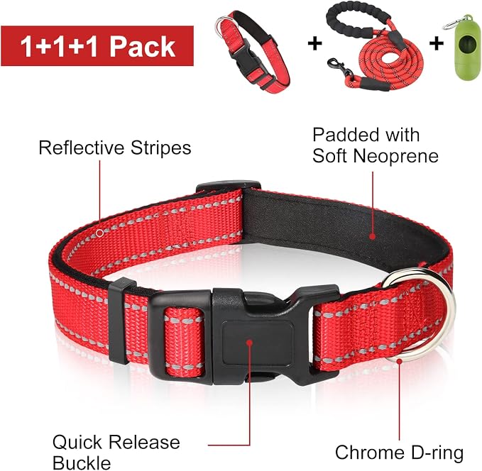 Dynmeow Reflective Dog Collar and Leash Set for Puppy Small Dogs, Red | Soft Neoprene Padded, 6FT Climbing Rope, Ideal for Daily Outdoor Walking or Indoor Wearing, Night Visible for Safety - Image 2