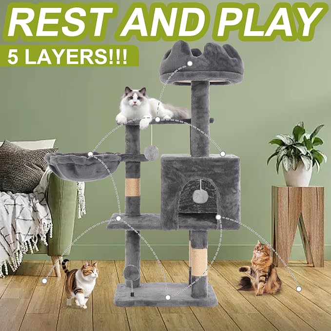 Cat Tree Tower with Hammock,40" Cat Trees for Indoor Cats Large Adult(Grey) | Modern Cat Tree Tower with Scratching Post, Cats Condo Furniture with Cloud Top Perch, Cats Climbing Tower for Kittens - Image 2