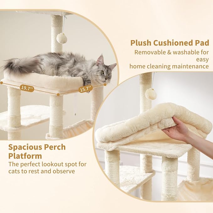 Heybly Cat Tree, 71-Inch Tall Cat Tower for Large Maine Coon Cats HCT03MG | Cat Condo Furniture with Extra-Large Baseboard, Multi-Level Platforms, 2 Hammocks and 12 Scratching Posts, Beige - Image 4