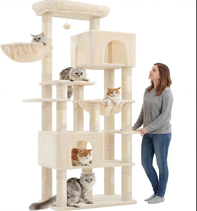 Heybly Cat Tree, 76-Inch Tall Heavy Duty Cat Tower for Big Cats HCT039M | Multi-Level Large Cat Furniture with Extra Wide Baseboard, 2 Condos & 2 Hammocks, 10 Scratching Posts, Beige - Image 8