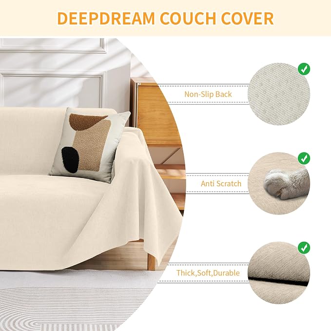Deep Dream Cat-Scratch Resistant Couch Cover, Waterproof Sofa Cover for 3 Cushion Couch Washable, Pet Friendly Couch Protectors Anti Slip Thickened Sofa Slipcovers for Dogs Pets, 91" x 150", Beige - Image 3