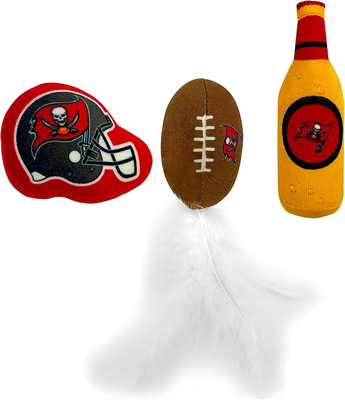 BEST PLUSH CAT TOY - NFL TAMPA BAY BUCCANEERS Complete Set of 3 piece Cat Toys filled with Fresh Catnip. Incld: 1 Helmet Cat Toy, 1 Football Cat Toy with Feathers & 1 Beer Bottle. Beautiful Team LOGOS - Image 6