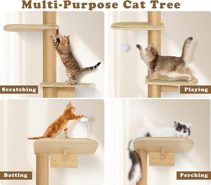 Wild Simulation Cat Tree for Kittens, 5-Level Floor to Ceiling Cat Wall Shelves with Sisal Mat Platforms, Rotating Wall-Mounted Climbing Tower for Scratch, Lookout & Perch - Image 5
