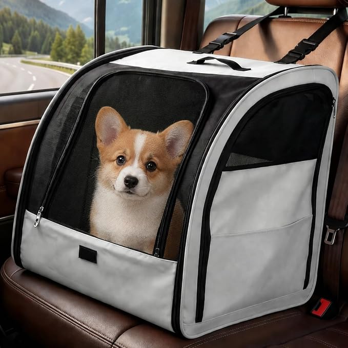 Dog Car Seat for Small Medium Dogs & Cats, Soft-Sided, Gray | Collapsible Pet Travel Carrier, Breathable Mesh, Car Kennel Secured with Seatbelt, Washable Pad, Enclosed Backseat Dog Crate by Unknown