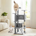 DUMOS 54 Inch Cat Tree Tower with Scratching Posts, Indoor Use | Multi-Level Pet House for Large Cats with 2 Condos, Round Platform, Small Ladder and Toys, Light Grey by DumosLifestyle