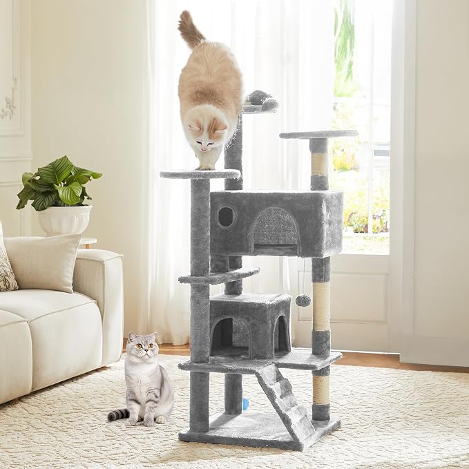 DUMOS 54 Inch Cat Tree Tower with Scratching Posts, Indoor Use | Multi-Level Pet House for Large Cats with 2 Condos, Round Platform, Small Ladder and Toys, Light Grey by DumosLifestyle
