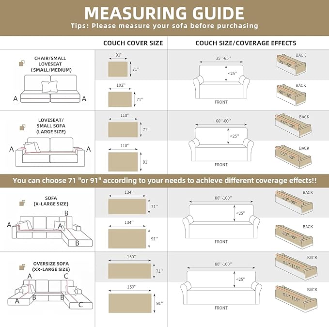 Dog Couch Cover Washable Sofa Cover, Sectional Couch Covers, Sofa Covers for 2-Cushion Sofa, Non-Slip Striped Sofa Slipcovers Furniture Protector (Khaki, 71x102) - Image 2