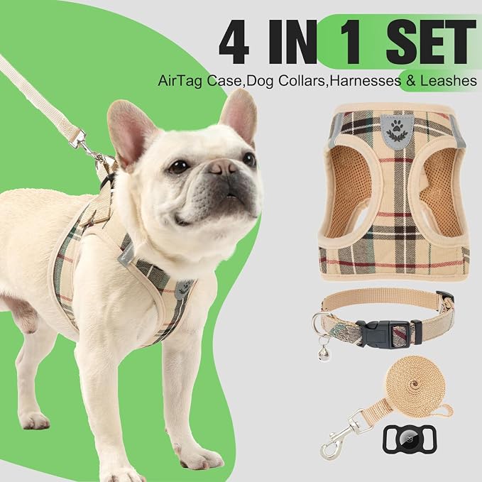 Plaid Small Dog Harness and Leash Set with AirTag Holder - Soft Padded Step in Dog Vest Harness Medium Sized Dog, No Pull Reflective Puppy Harness, Collar and Leash for Walking, Khaki XXS - Image 2