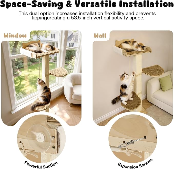 Solid Wood Cat Window Perch with 2 Jumping Platforms, Cat Hammock for Window with Scratching Post, Sisal Tall Cats Scratching Post with Large Perch, Wooden Cats Window Bed with 2 Suction Cups - Image 2