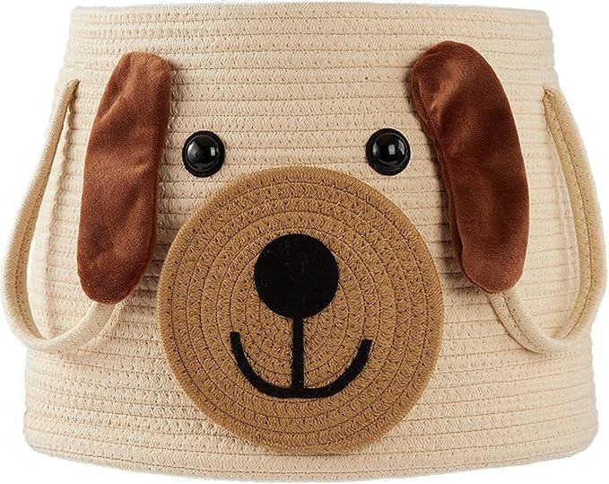 Large Dog Woven Basket with Handles - Toy Storage Bin, Baby Gift & Animal Nursery & Cute Laundry Basket, for Clothes, Towels, Toys (Dog) by Hugaboom