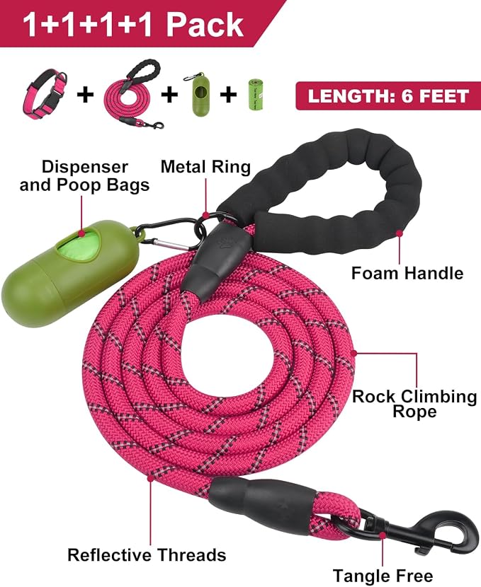Dynmeow Reflective Dog Collar and Leash Set for Puppy Small Dogs, Hot-Pink | Soft Neoprene Padded, 6FT Climbing Rope, Ideal for Daily Outdoor Walking or Indoor Wearing, Night Visible for Safety - Image 3