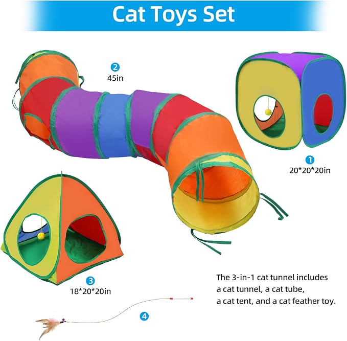 Cat Tunnels for Indoor Cats with Tent Cube and Feather Toy Collapsible Combo, Pop Up Cat Play Tunnel with Interactive Cat Toy Ball for Kitten, Ferret, Puppy, Guinea Pig, Rabbit, Bunny, Multicolour - Image 2