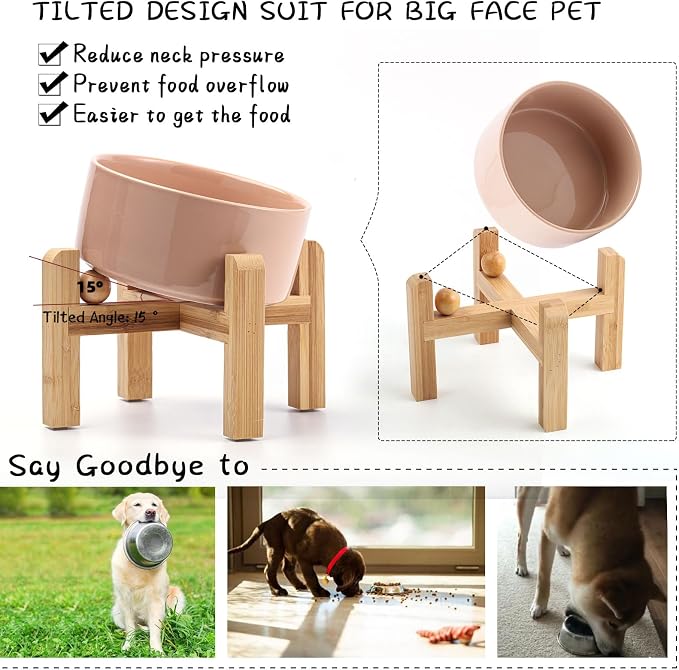 Petygooing Khaki Raised/Elevated 15°Slanted Ceramic Dog Bowl for Small Breeds,Tilted Anti Slip Pet Feeding Bowl,Food Water Dish with Stand for Cats and Small Dogs Puppy 13.5 OZ (5.1In / 1.7 Cups) - Image 5