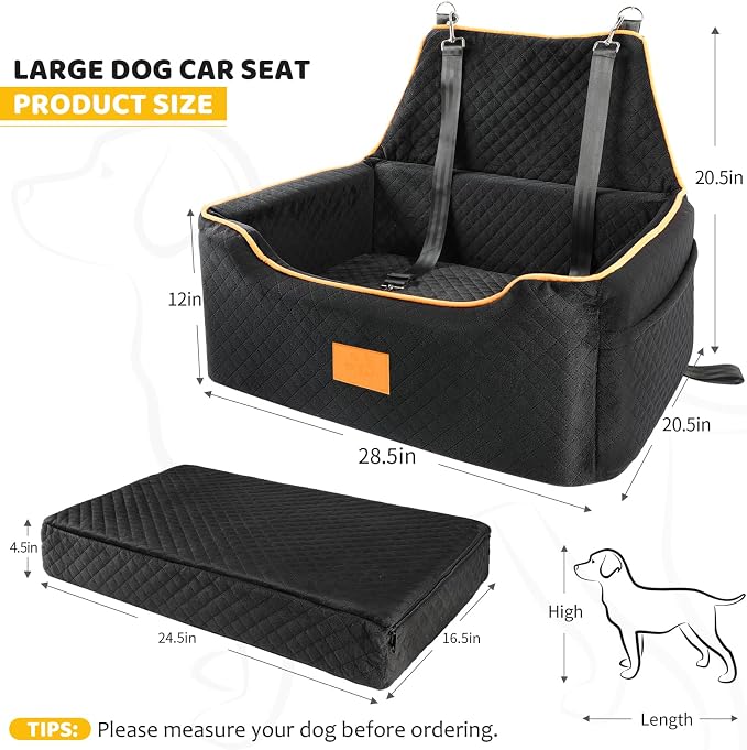 XIEEAOZEE Dog Car Seat for Large/Medium Dog, Booster Seat for Dogs Under 55Lbs or 2 Small, Detachable and Washable Travel Pet Seat with Thick Cushion and Storage Pockets (Black) - Image 3