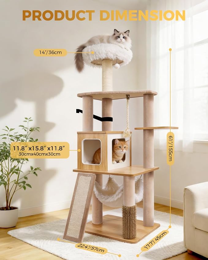 61" Wood Cat Tree Tower, Modern Cat Furniture for Indoor Cats | Engineered Wood & Plush | 61"Modern Cat Tower | 20 lbs Per Platform | Anti-Tip Base | Sisal Posts | Washable Cushions - Image 6