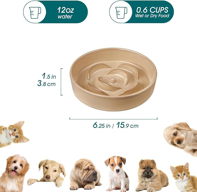 vancasso Ceramic Slow Feeder Dog Bowls, 0.6 Cup Puzzle Dish for Small Breed | Maze Dog Food Bowl for Fast Eaters, Slow Feeding Design for Small Dogs and Cats, Promotes Healthy Eating Habits, Khaki - Image 2