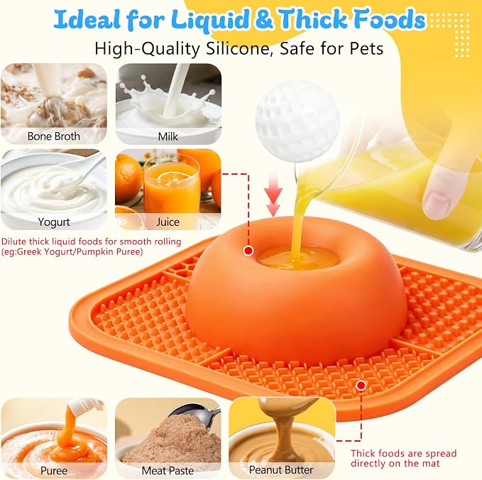 Slow Feeder Dog Bowls & Lick Mat for Liquid and Thick Treat, Anti-Slip Dog Lick Bowl with Interactive Rolling Ball, 5/6 Cup Pup Licking Toy for Large Medium Small Dogs and Cats-Large Orange - Image 3