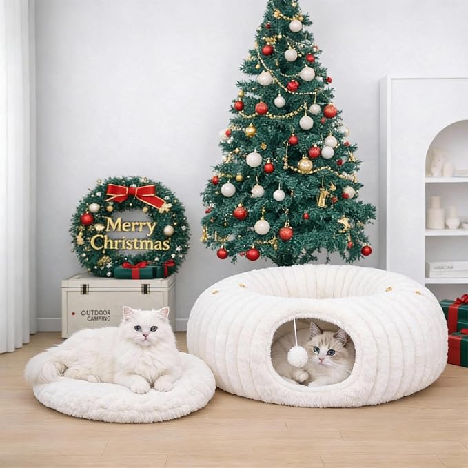 Dogpals Cat Tunnel Bed Cave 33" Lx10 Wx10 H for Indoor Cats (White) | Washable Cozy Cushion, Soft Striped Plush Fabric, Hideaway Peekaboo Cave for Kittens, Puppies, Rabbits & Small Pets - Image 7