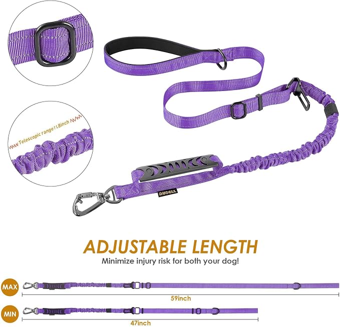 AUBELL Tactical Dog Leash Heavy Duty,4-6ft No Pull Bungee Leash,Purple | Reflective Dog Leash for Medium Large Dogs with Comfortable Padded Double Handle,Car Seat Belt,360 Degree Rotating Carabiner - Image 6