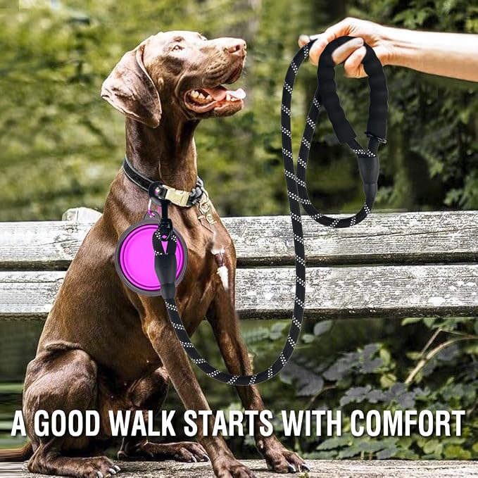 COOYOO 2 Pack Dog Leash 6 FT Heavy Duty - Comfortable Padded Handle - Reflective Dog Leash for Medium Large Dogs with Collapsible Pet Bowl Set 3-Black+Purple - Image 2