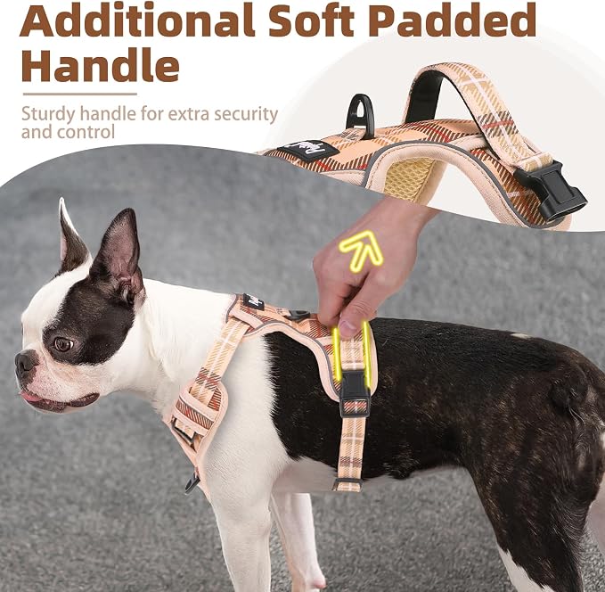 PUPTECK No Pull Dog Harness Medium Sized, Adjustable Reflective Dog Harness with Handle Easy Control, Comfortable Soft Padded Pet Vest Harness for Medium Dogs, Plaid Beige M - Image 3