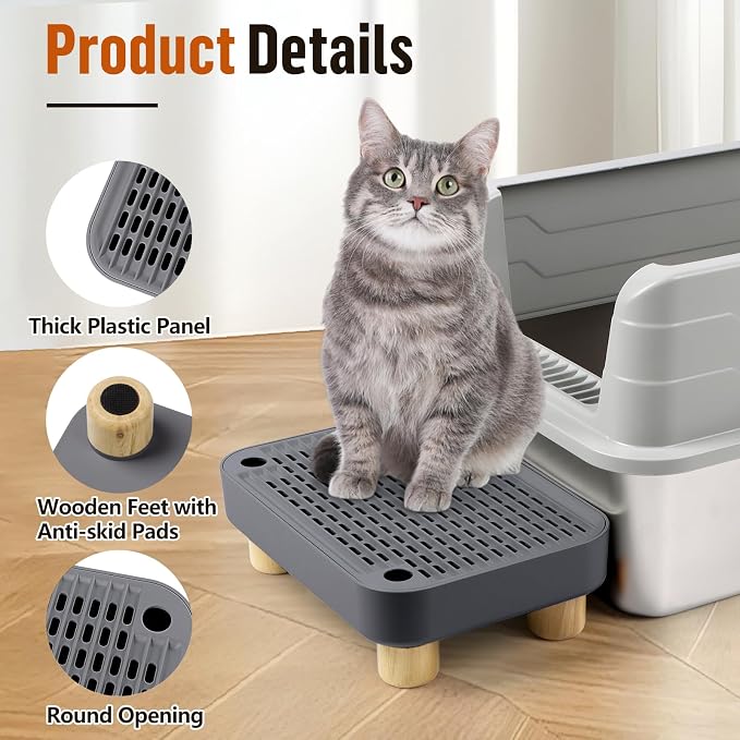 Litter Box Step, Cat Litter Ramp with Wooden Base, Dark Grey | Double Layer Litter Box Ramp for Kitten & Elderly Cats, Litter Catcher for Automatic Cat Litter Box, Easy to Clean - Image 4